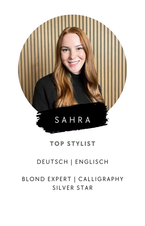 Portrait von Sahra, Top Stylistin bei max your hairstyle und Expertin für Blond und Calligraphy Cut. Sie spricht Deutsch und Englisch.